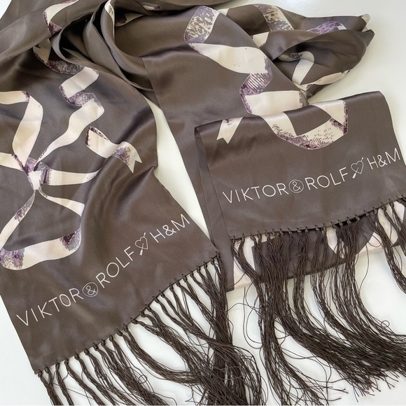 VIKTOR & ROLF X H&M Taupe Brown Gray 100% SILK Scarf with Fringe - Picture 2 of 5